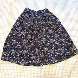 Tulip.B Skirt, Size Medium, Blue and White Floral/Mushroom/Rooster Pattern